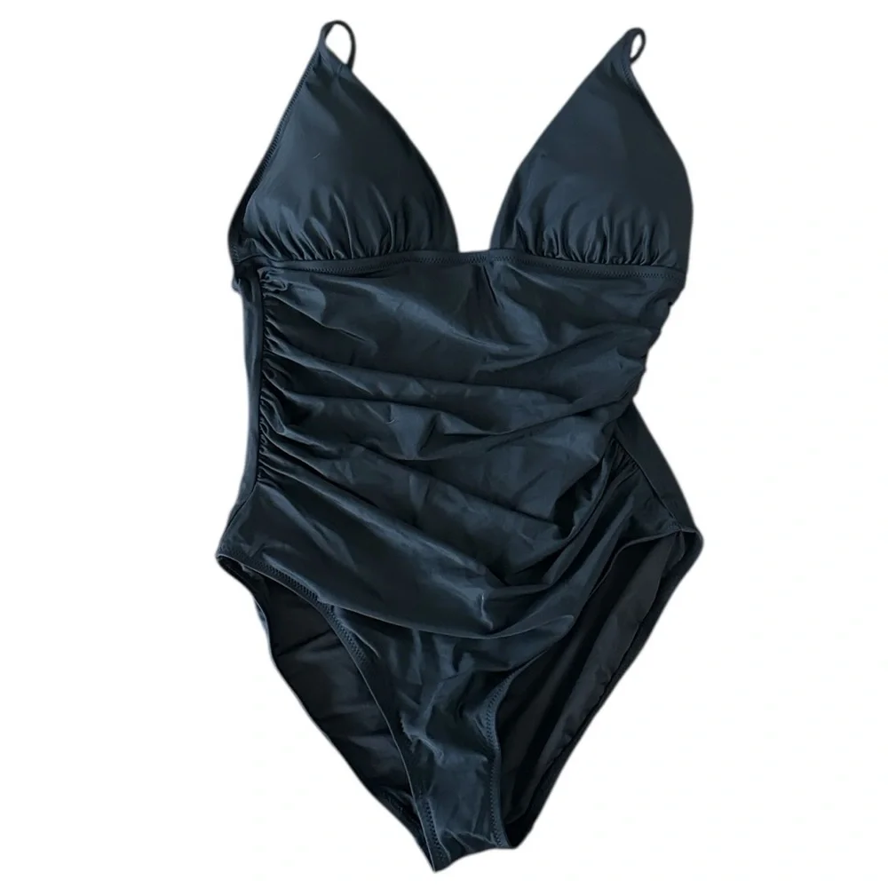 NEW J. CREW Long-torso ruched plunge one-piece swimsuit in Black Size‎ 14 - Picture 4 of 7